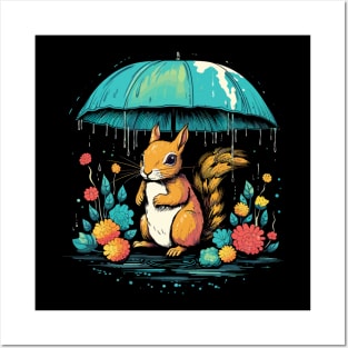 Squirrel Rainy Day With Umbrella Posters and Art